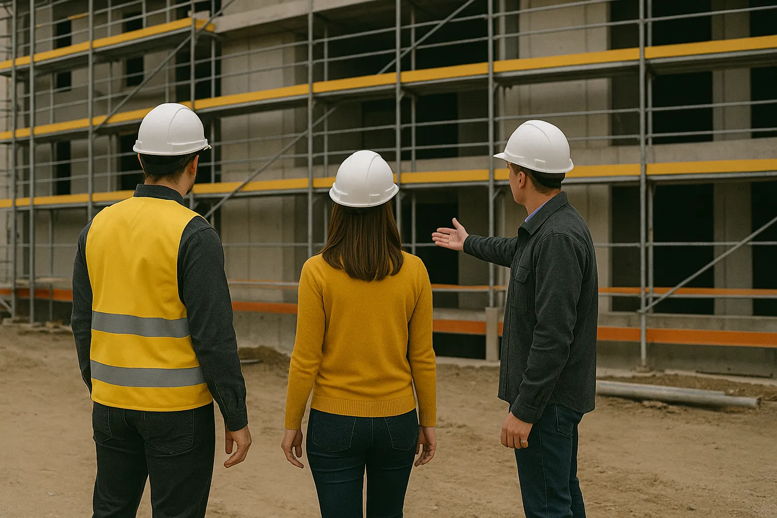 Drei Bauarbeiter mit weißen Helmen und gelber Kleidung inspizieren eine Baustelle mit Gerüst an einem Gebäude.