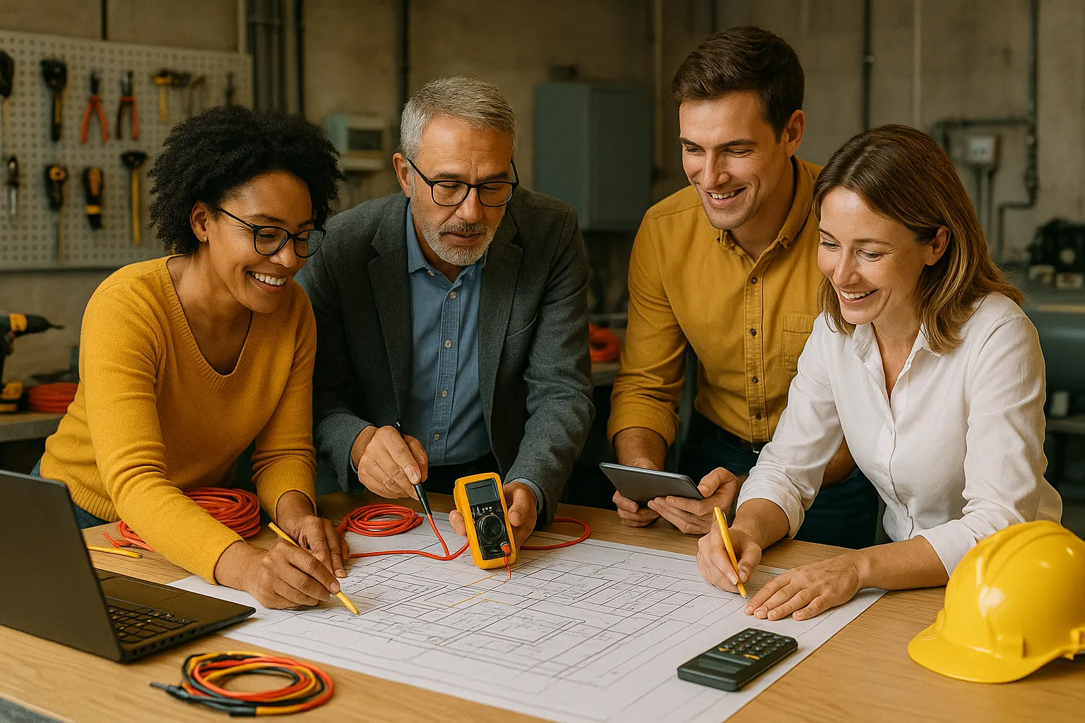 Vier Personen besprechen Pläne an einem Tisch mit technischen Geräten und Bauhelm.