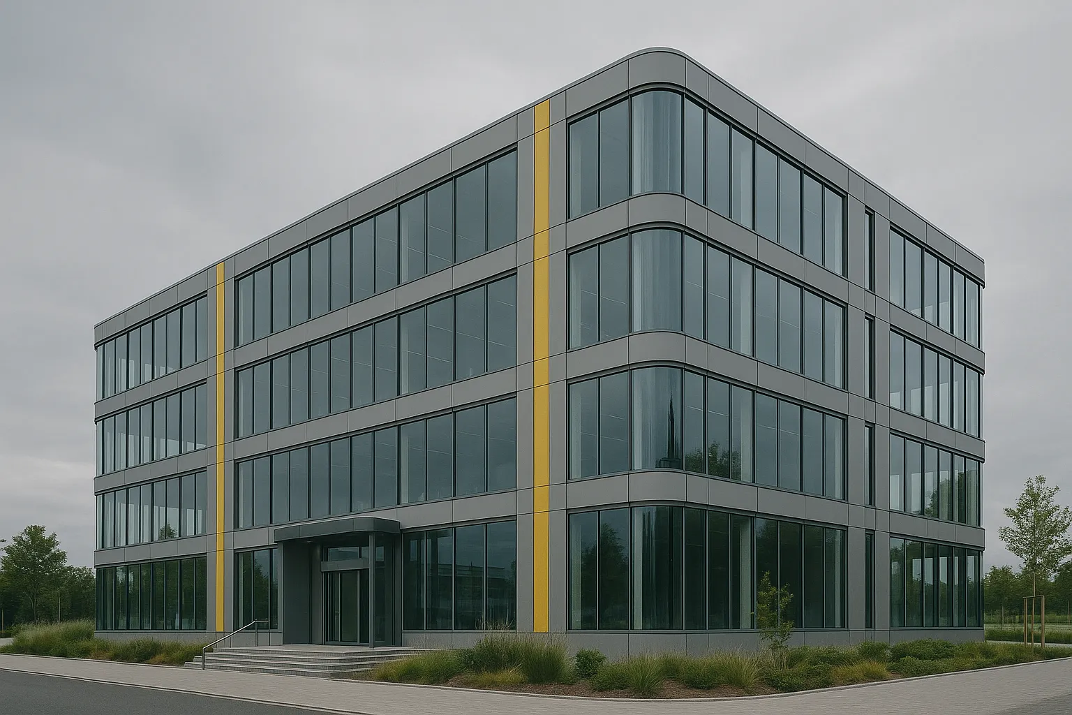 Modernes Bürogebäude mit grauen Fassadenelementen und großen Glasfenstern, markiert durch vertikale gelbe Streifen.