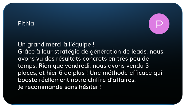 French testimonial text praising a lead generation strategy that increased sales with specific recent results.