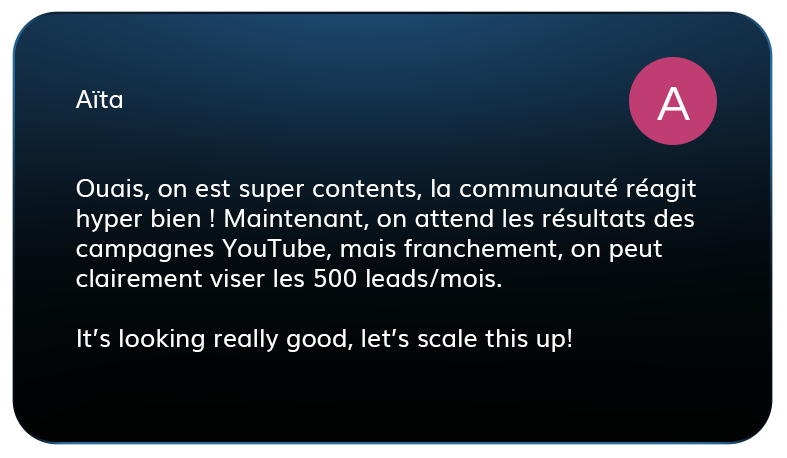 User review from Aïta expressing satisfaction with community response and optimism about reaching 500 leads per month, with a message to scale up.