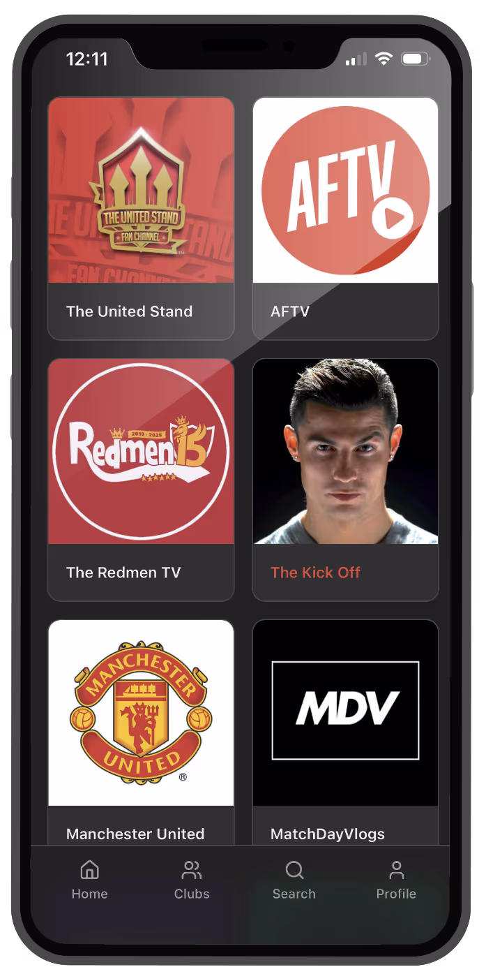 Smartphone screen showing six football fan channels: The United Stand, AFTV, The Redmen TV, The Kick Off with a man's face, Manchester United logo, and MatchDayVlogs logo, with navigation icons at the bottom.