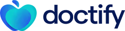 Doctify logo featuring a stylized heart shape in blue and green gradient on a dark background.