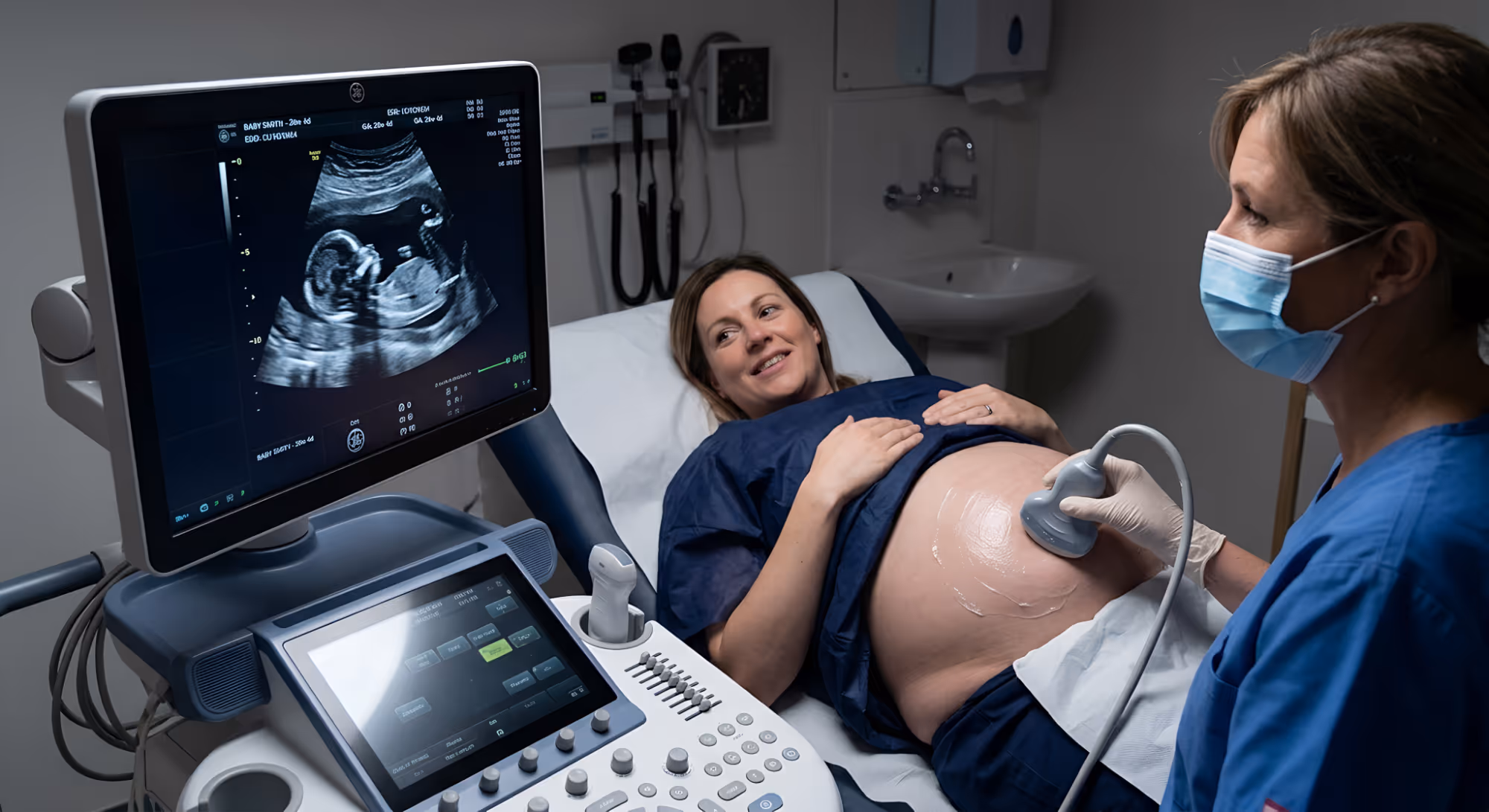 Pregnant woman lying on exam table smiling during ultrasound with technician using a probe on her belly.