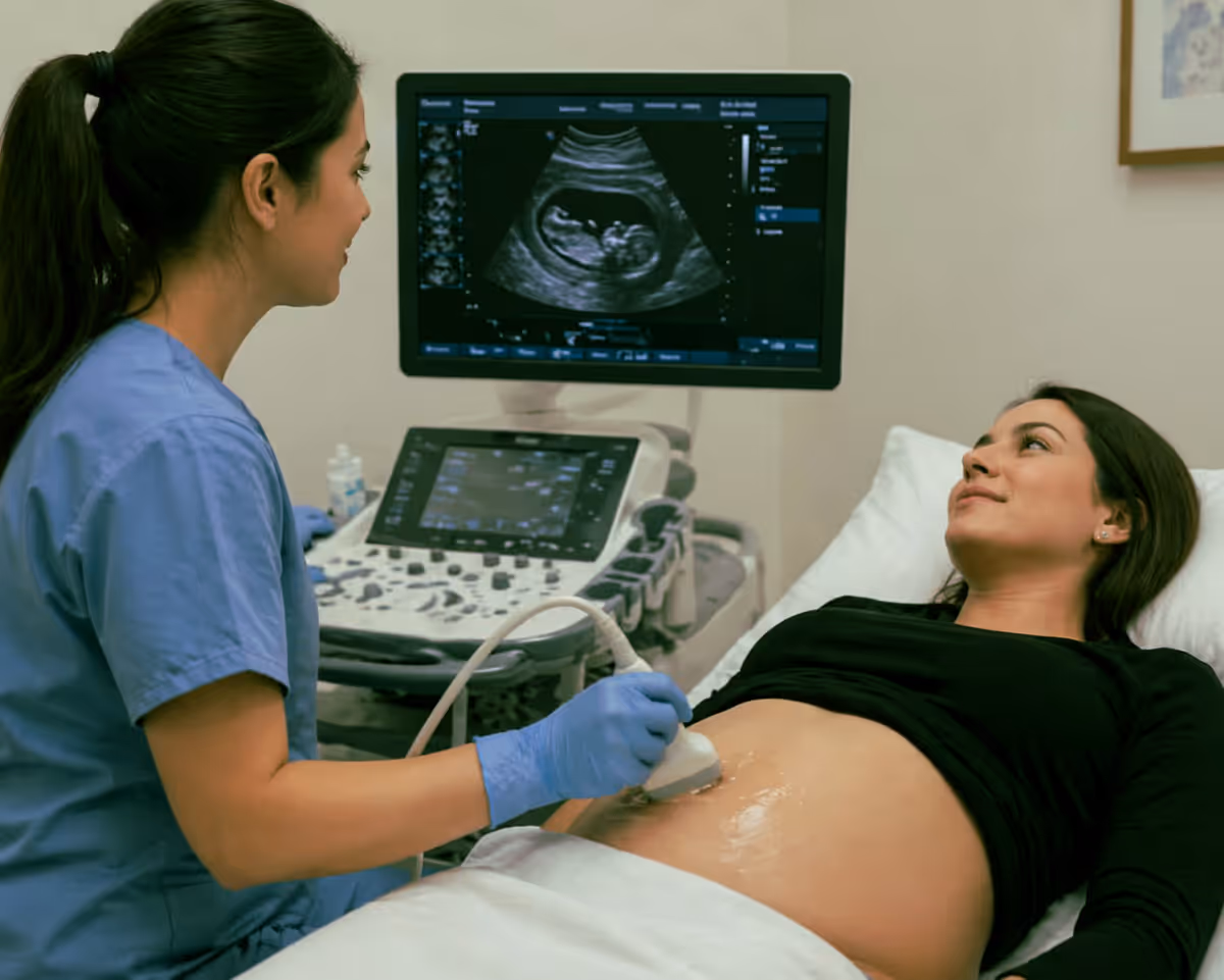 Pregnant woman lying on exam table while a technician performs an ultrasound showing fetus on the screen.
