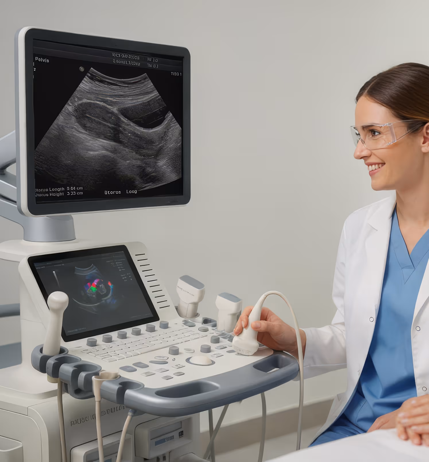 Smiling woman in medical attire operating an ultrasound machine showing a pelvic scan on the screen.