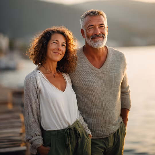 Couple standing on a doc next to a lake