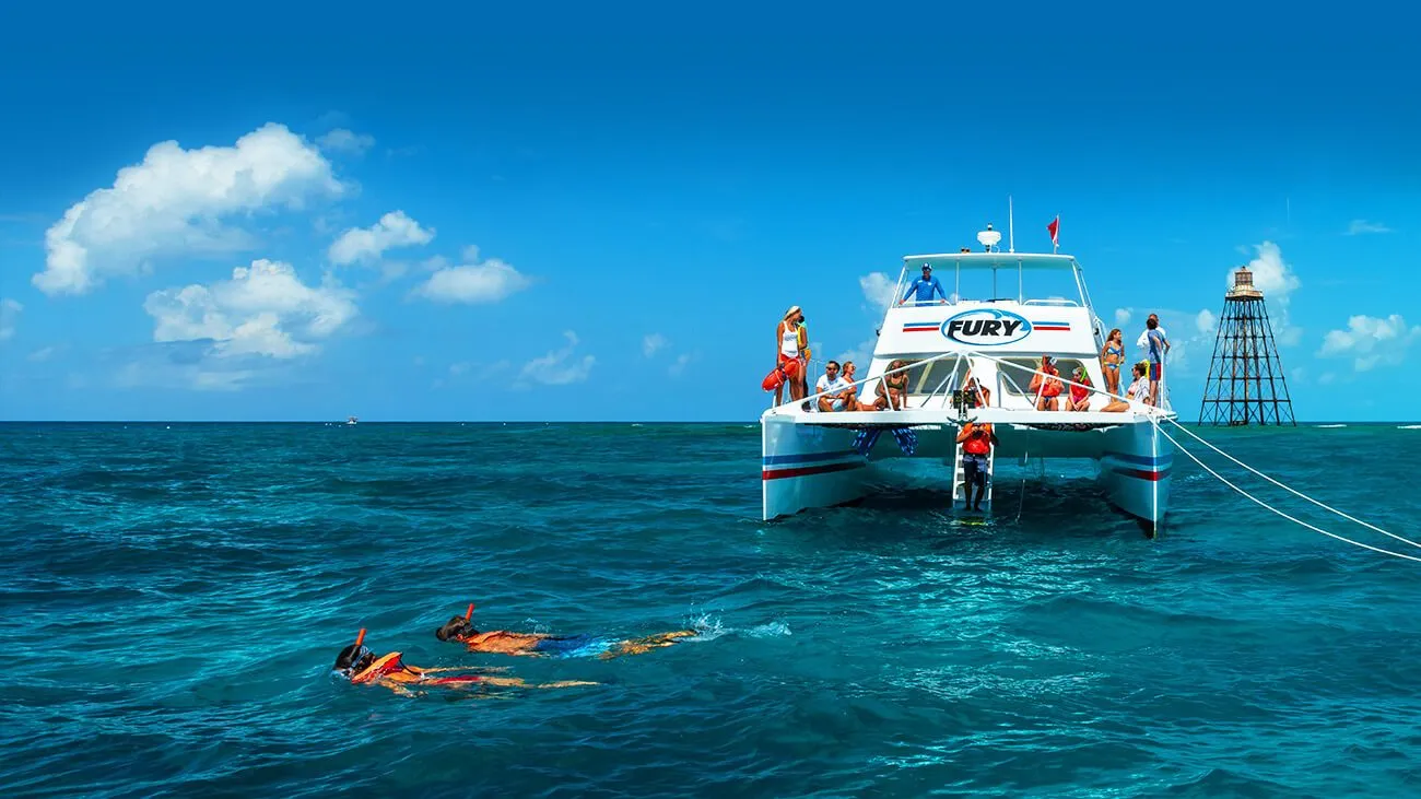 A group of people snorkeling in front of the catamaran on a sunny day.