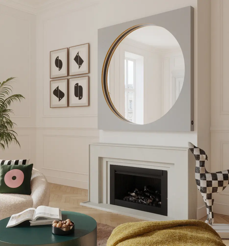 Nowoczesne szare lustro kwadratowe z okrągłym wycięciem nad kominkiem w eleganckim salonie