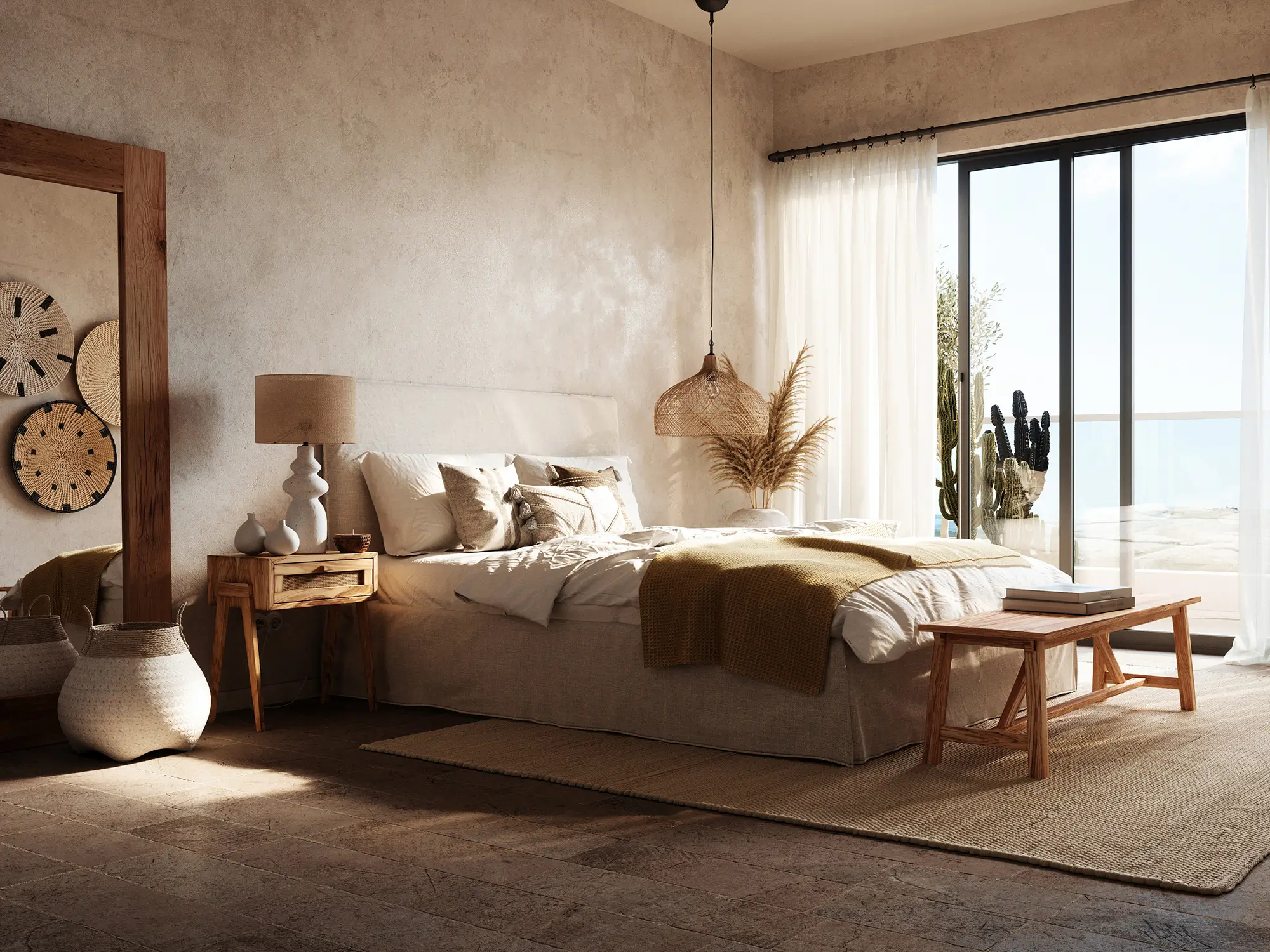 Jasna sypialnia z dużym oknem tarasowym, lnianymi zasłonami i meblami z naturalnego drewna w ciepłym świetle słonecznym.