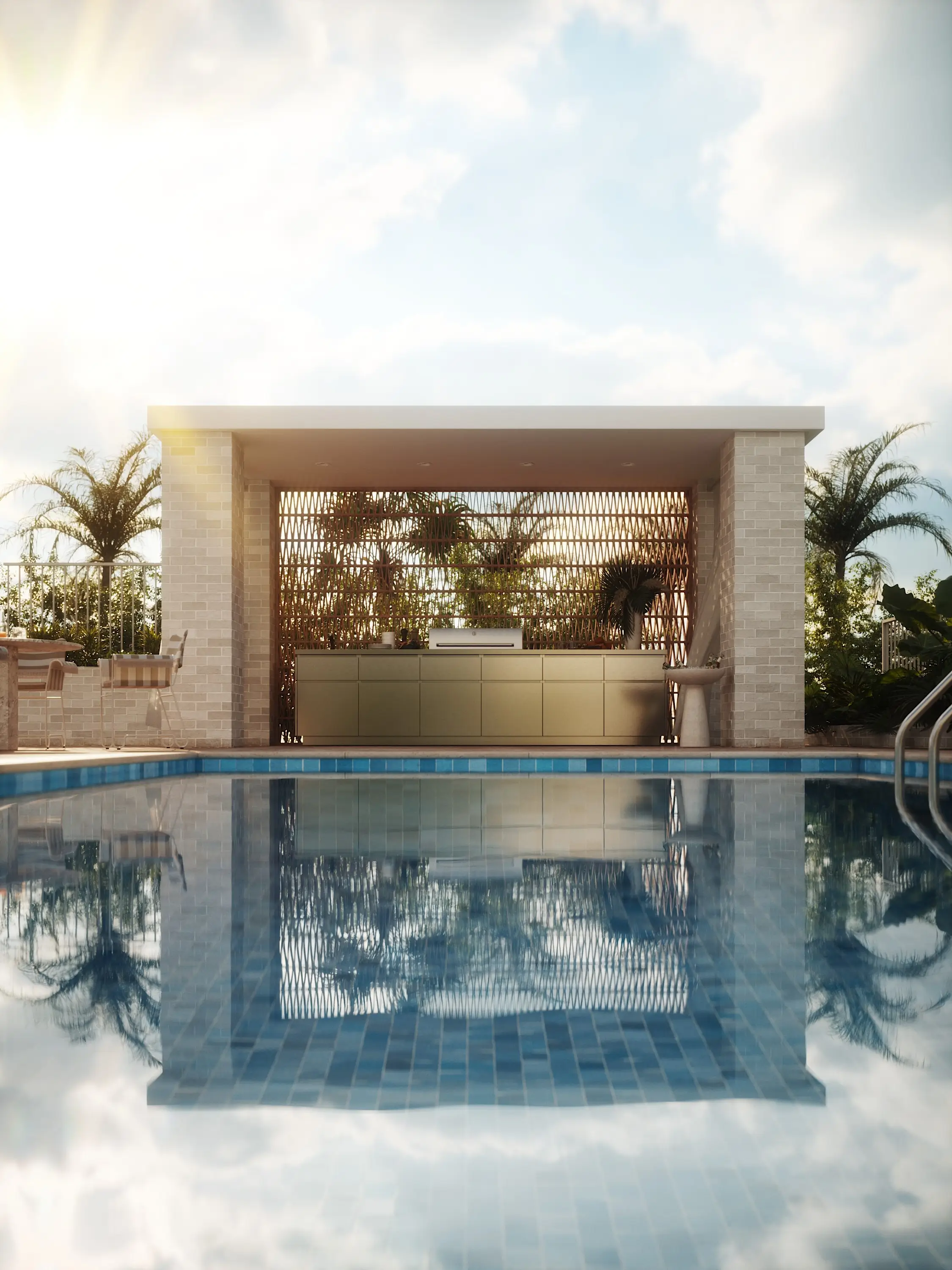 Render 3D luksusowego basenu z idealnym odbiciem architektury w wodzie. Archwizacja wysokiej klasy.