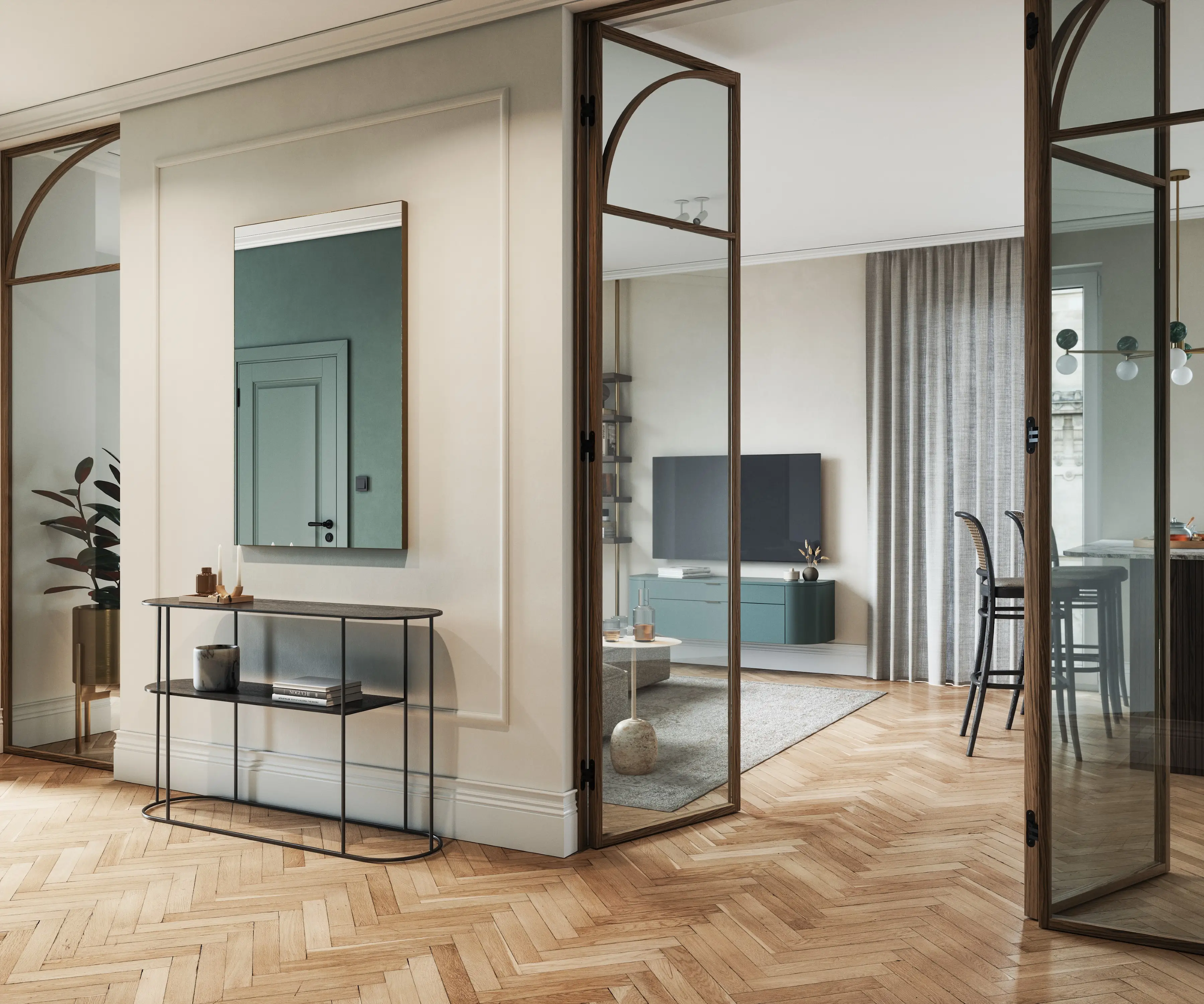 Nowoczesne lustro prostokątne w cienkiej ramie zawieszone nad czarną konsolą w jasnym przedpokoju.