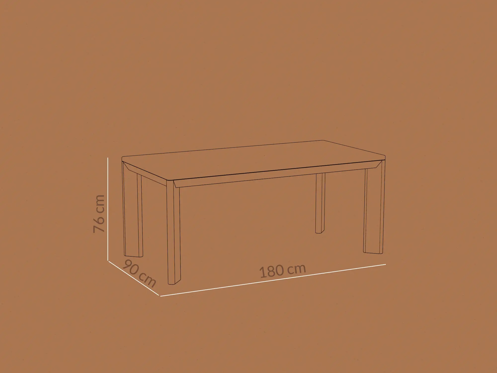 Wizualizacja techniczna 3D stołu jadalnianego z naniesionymi dokładnymi wymiarami (180x90x76 cm). Precyzyjny schemat stołu dla producentów mebli.