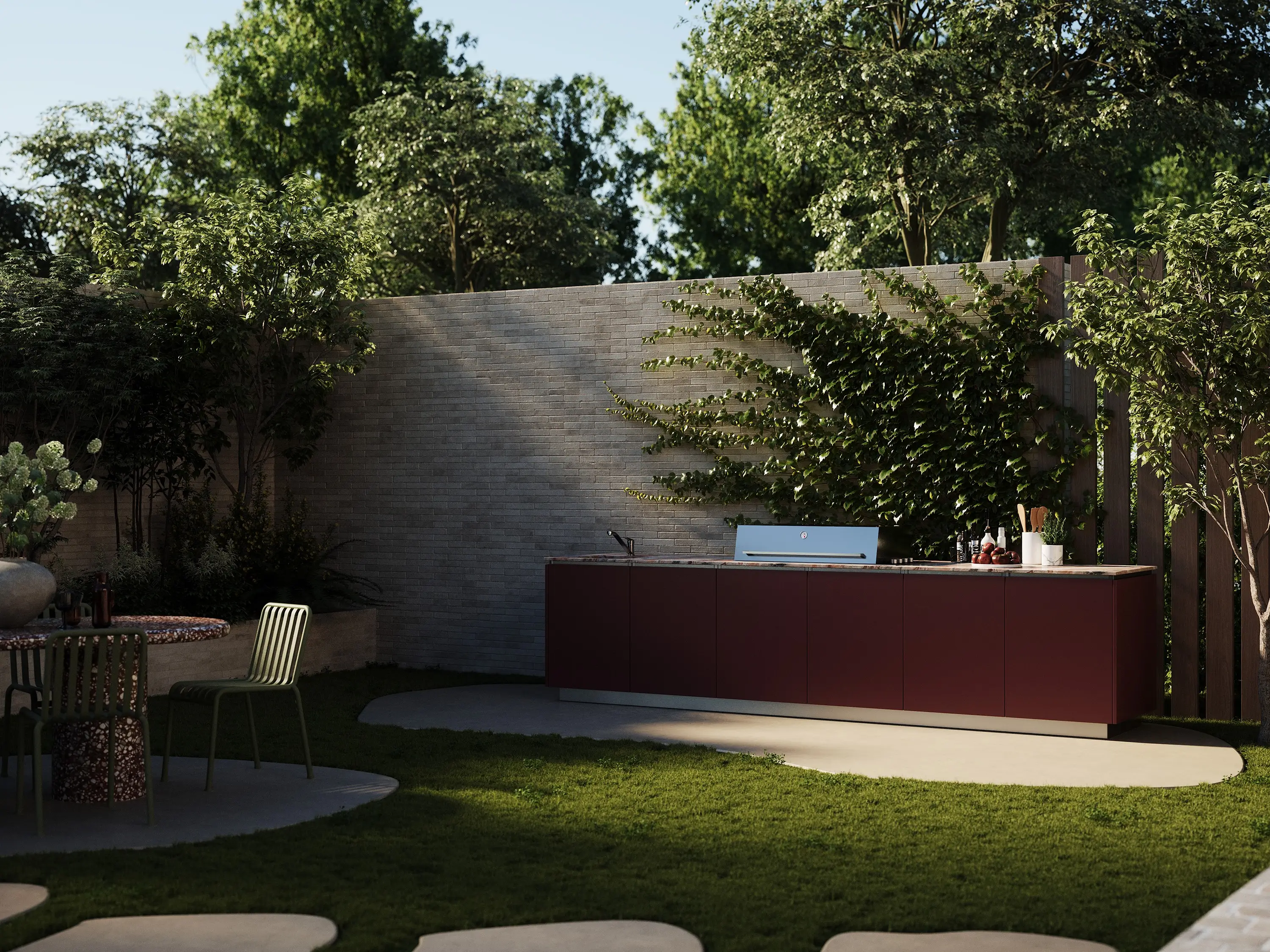 Render 3D nowoczesnej wyspy kuchennej w otoczeniu zieleni. Przykład fotorealistycznej grafiki 3D.