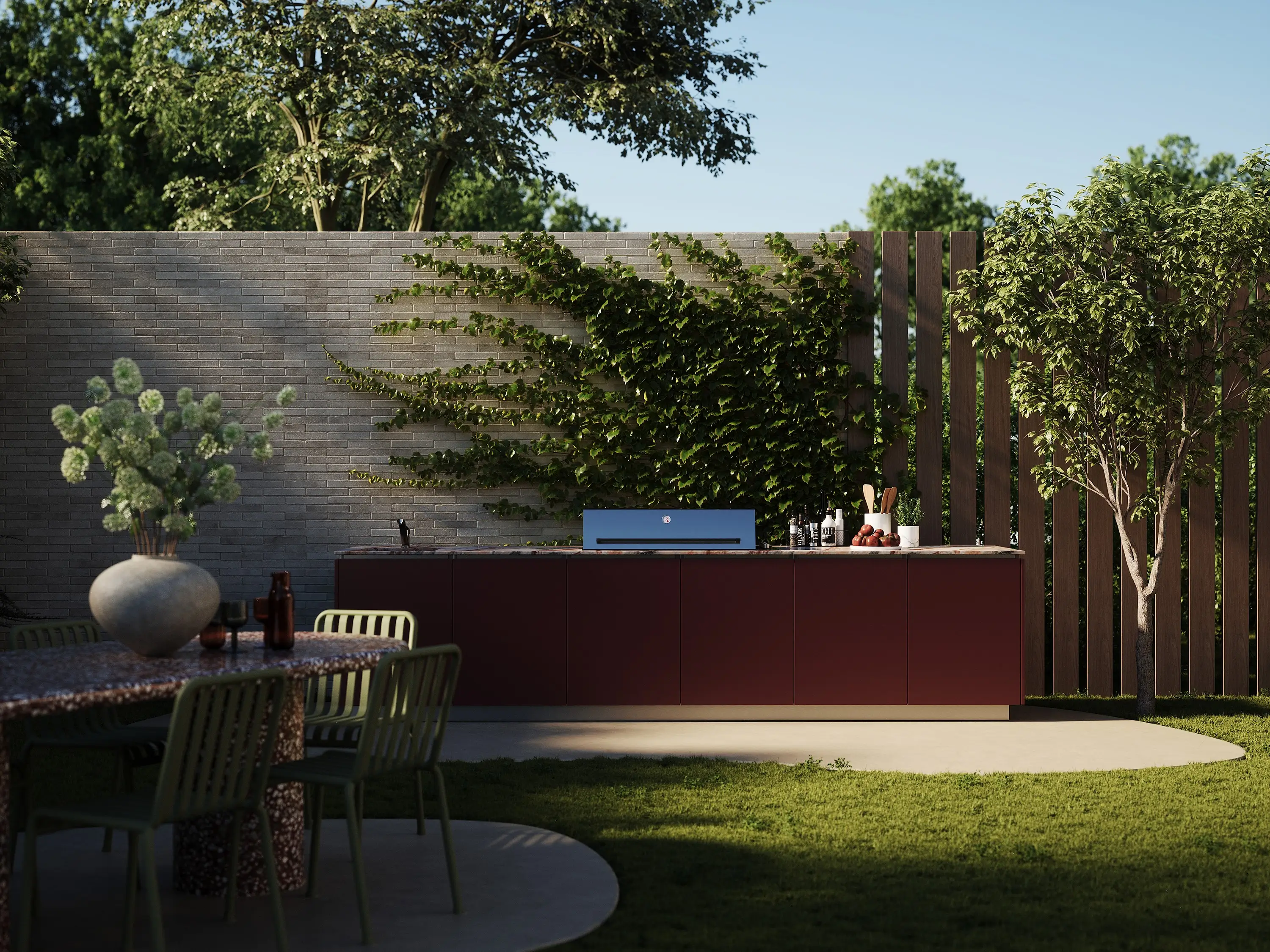 Szeroki kadr wizualizacji 3D nowoczesnego ogrodu z minimalistyczną kuchnią i stołem obiadowym.