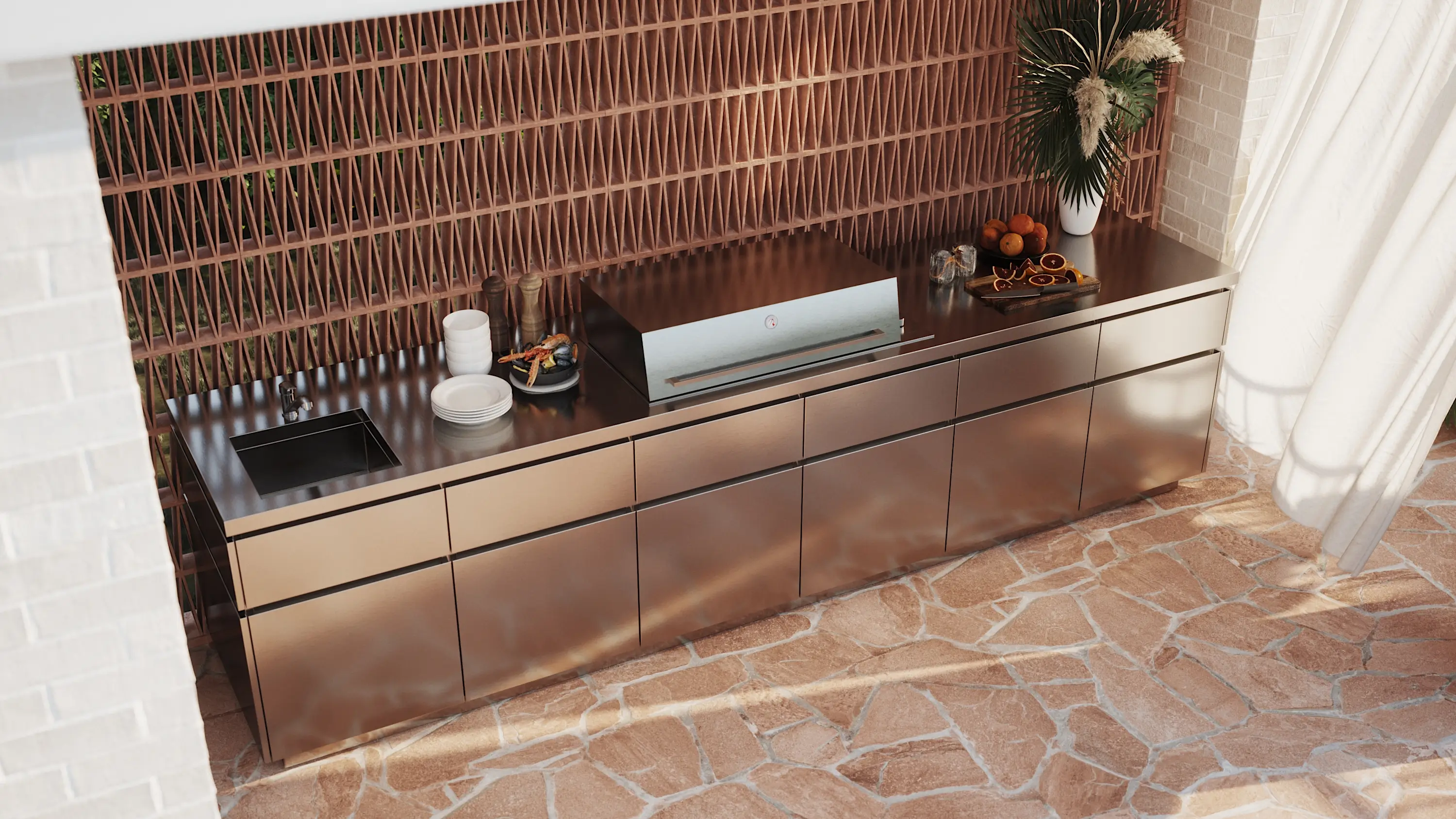 Zbliżenie 3D na tekstury: stalowy blat grilla, owoce i kamienna podłoga typu flagstone. Realizm detali.