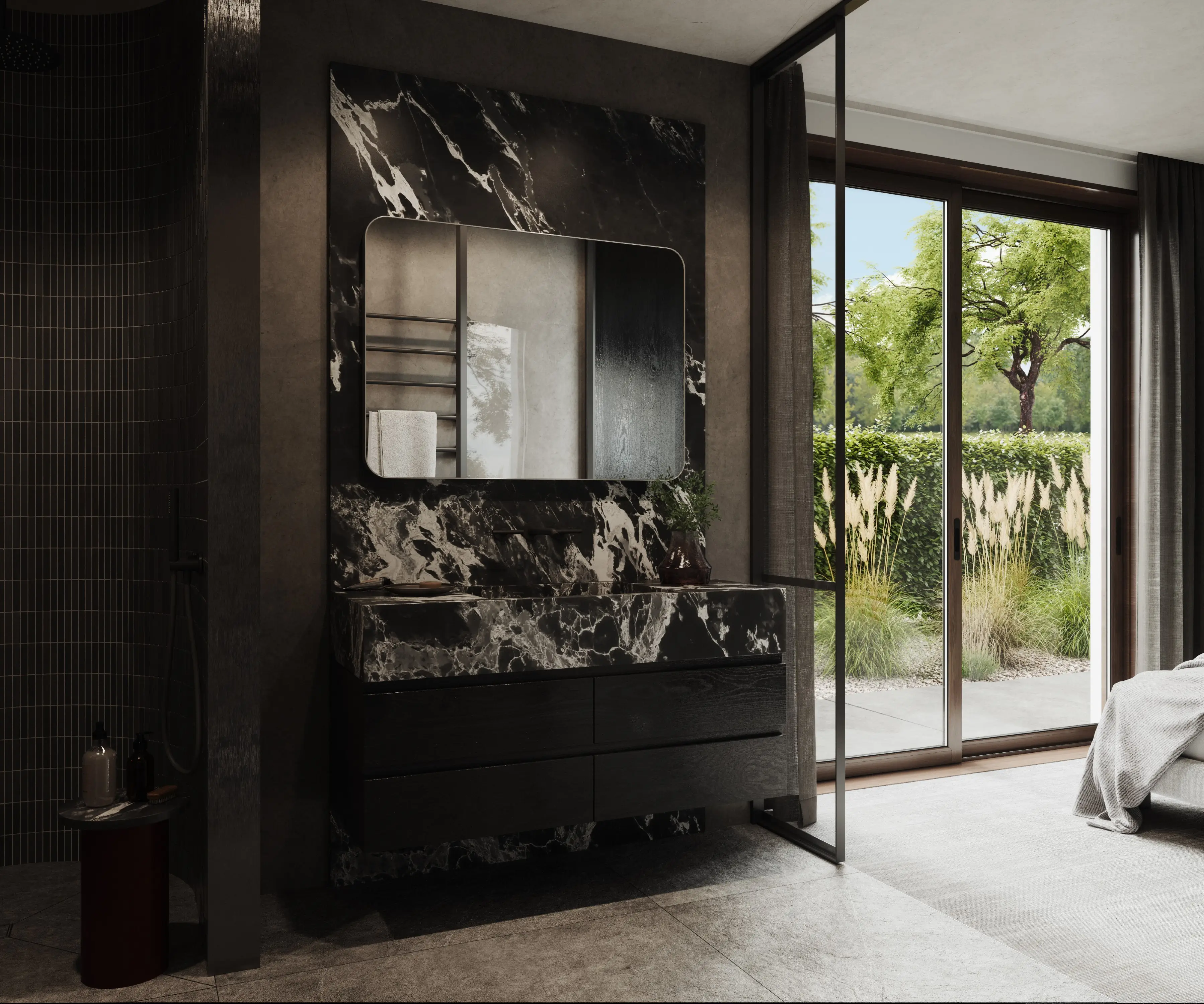 Wizualizacja 3D luksusowej łazienki z dużym lustrem LED i widokiem na ogród przez okno tarasowe.