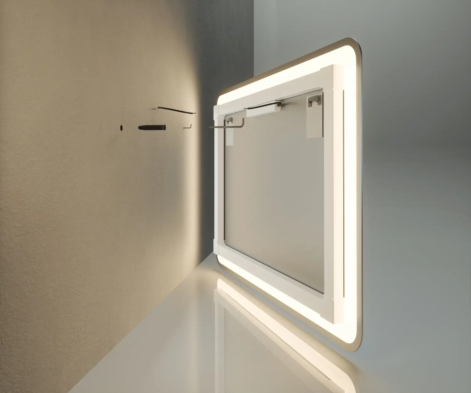 Schemat montażu lustra LED pokazujący tylną ramę, uchwyty montażowe i system zawieszania na ścianie.