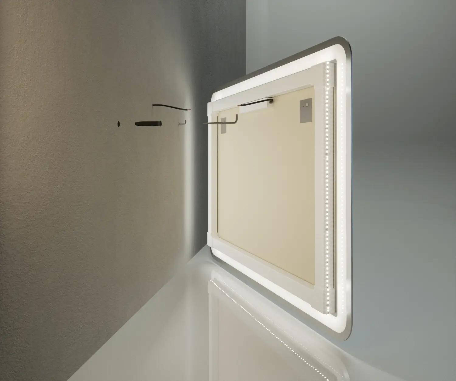 Przekrój techniczny lustra z oświetleniem LED, widoczna taśma diodowa, zasilacz i rama montażowa.