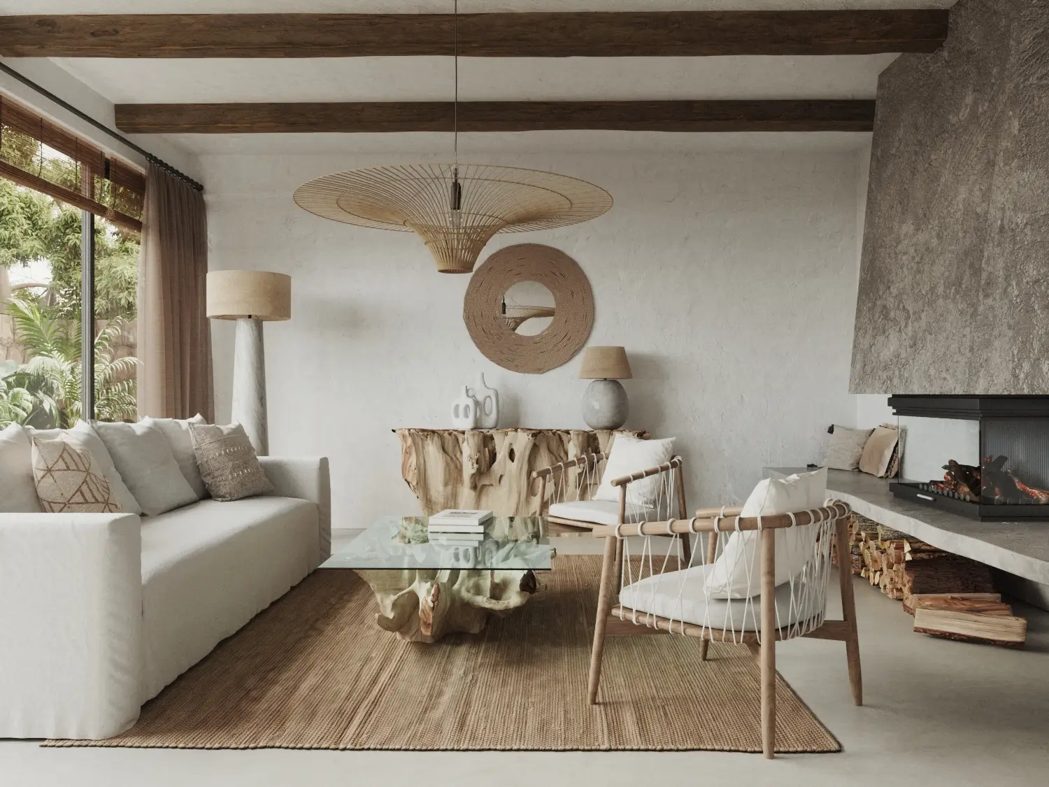 Przestronny salon z nowoczesnym kominkiem, białą sofą i unikalnym stolikiem kawowym z pnia drzewa pod szklanym blatem.