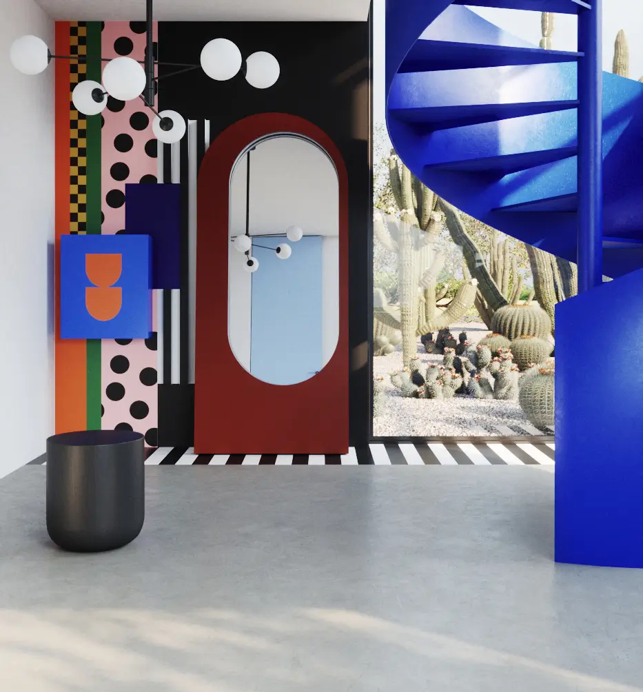 Bordowe lustro w kształcie łuku w artystycznym wnętrzu w stylu Memphis z niebieskimi schodami i kaktusami