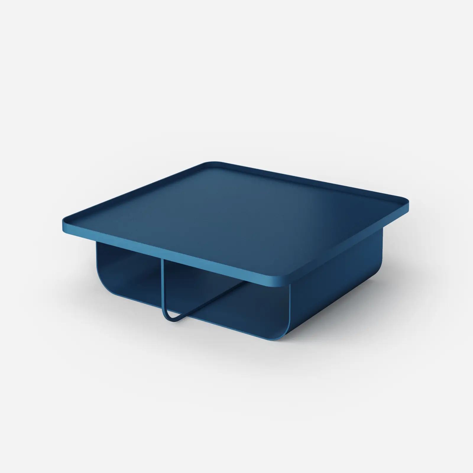 Minimalistyczny niebieski stolik kawowy kwadratowy z metalu - widok produktu na białym tleDesignerski pomarańczowy stolik kawowy w salonie z dużą domową biblioteką i brązową skórzaną sofąMinimalistyczny niebieski stolik kawowy kwadratowy z metalu - widok p