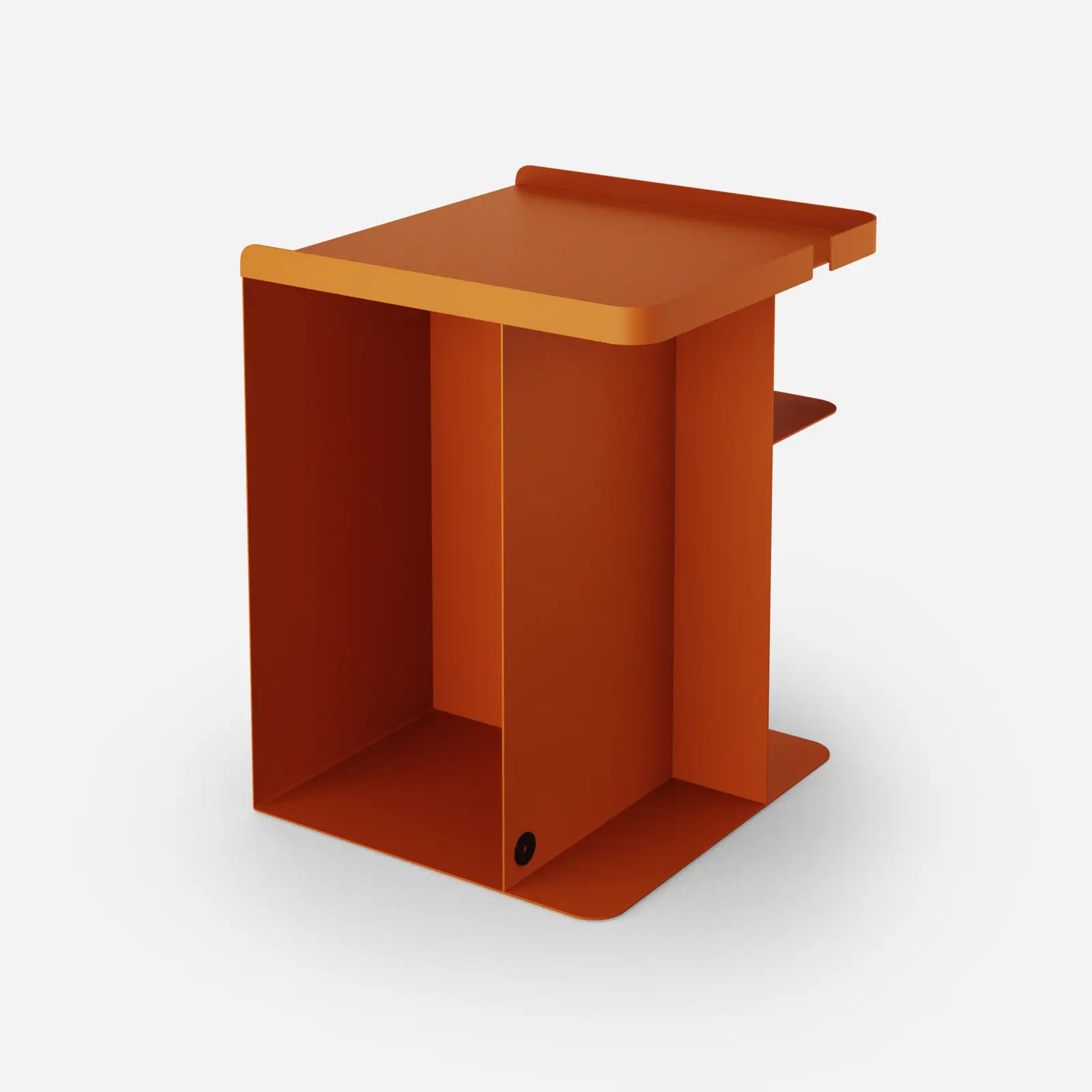 Pomarańczowy metalowy stolik pomocnik z półką i wycięciem na kable - widok produktu