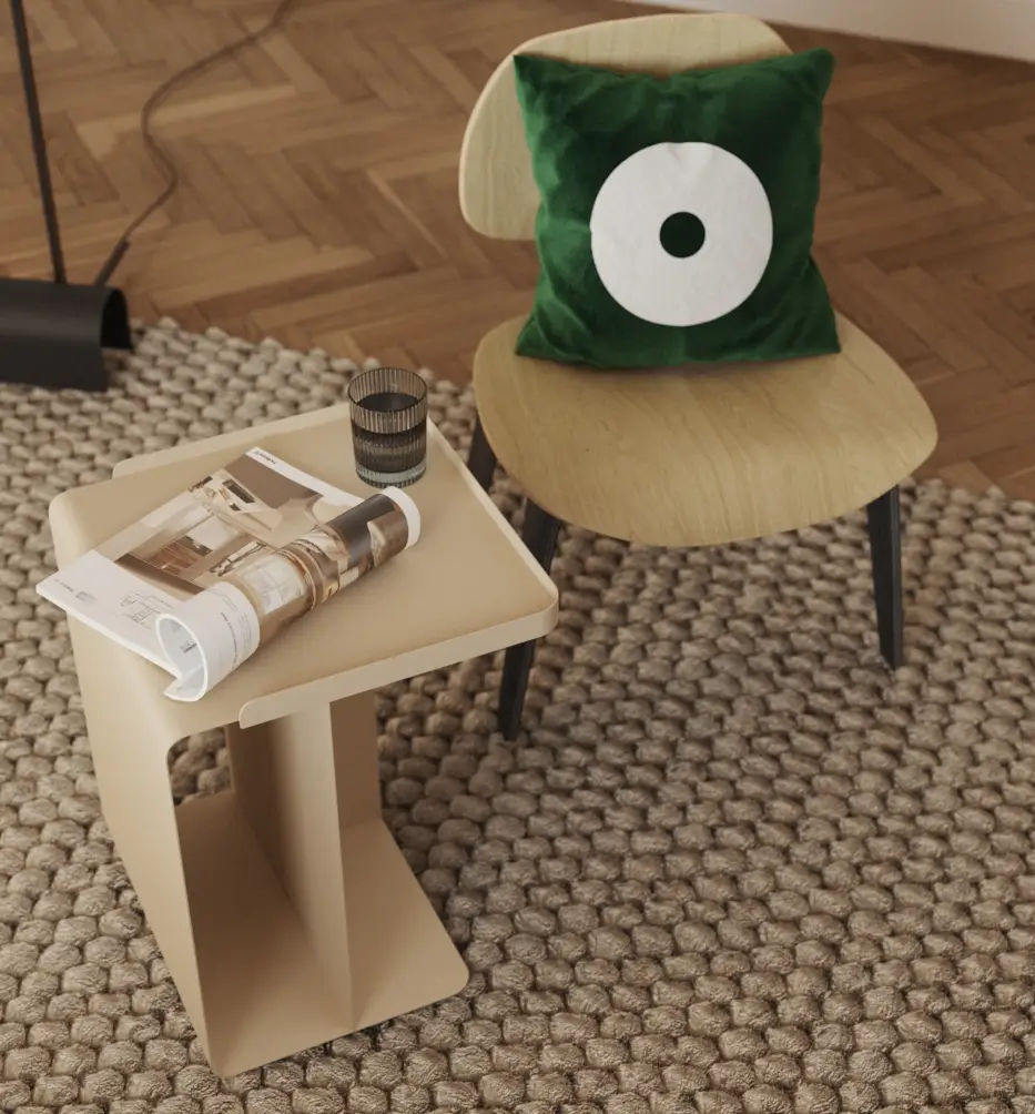 Zbliżenie (close-up) w wizualizacji 3D, prezentujące wysoką jakość odwzorowania tekstur materiałów i miękkiego światła na meblach.