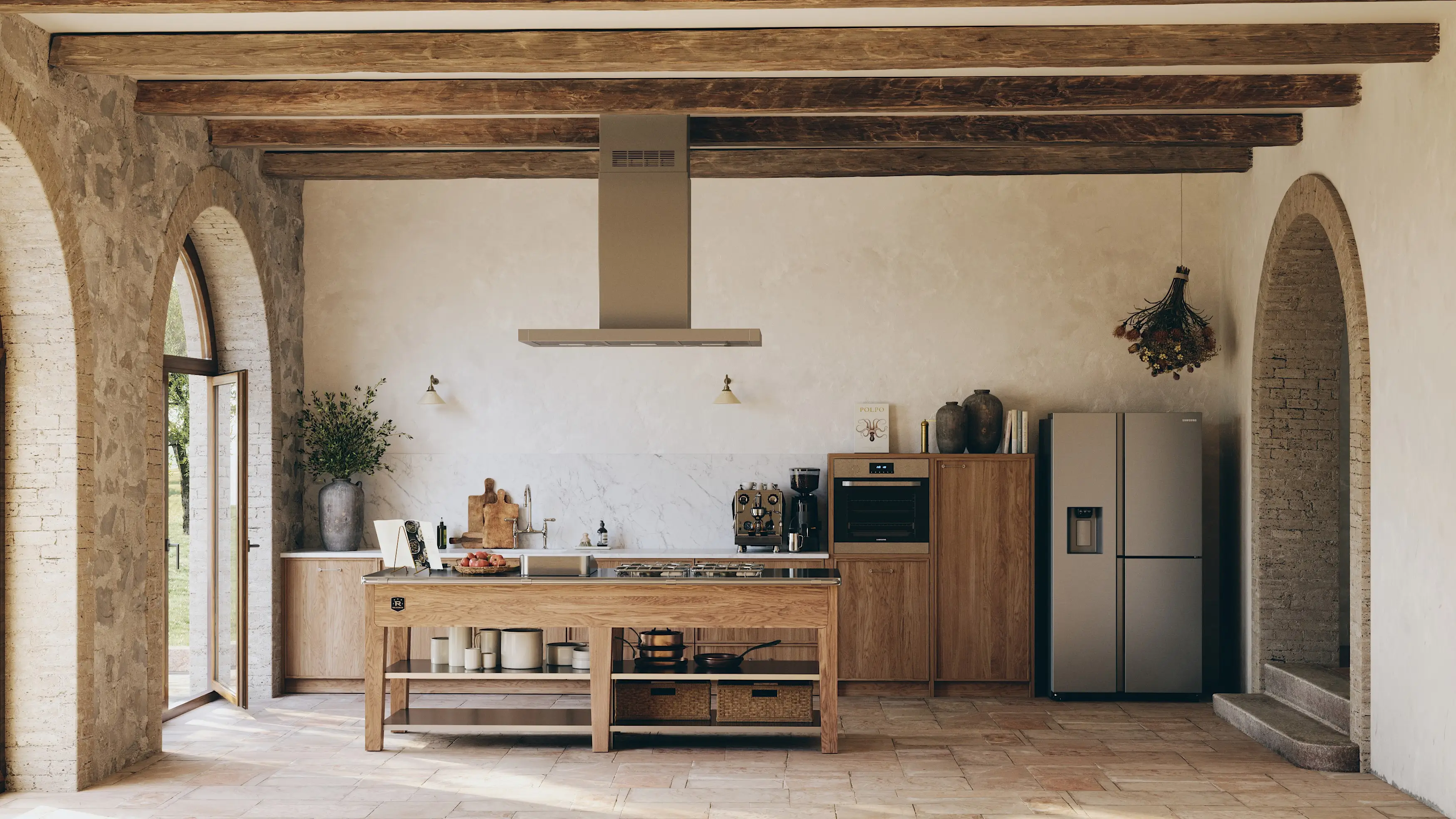 Fotorealistyczna wizualizacja kuchni na wymiar w stylu rustykalnym. Render 3D dla branży stolarskiej ukazujący zabudowę drewnianą i kamienne detale.