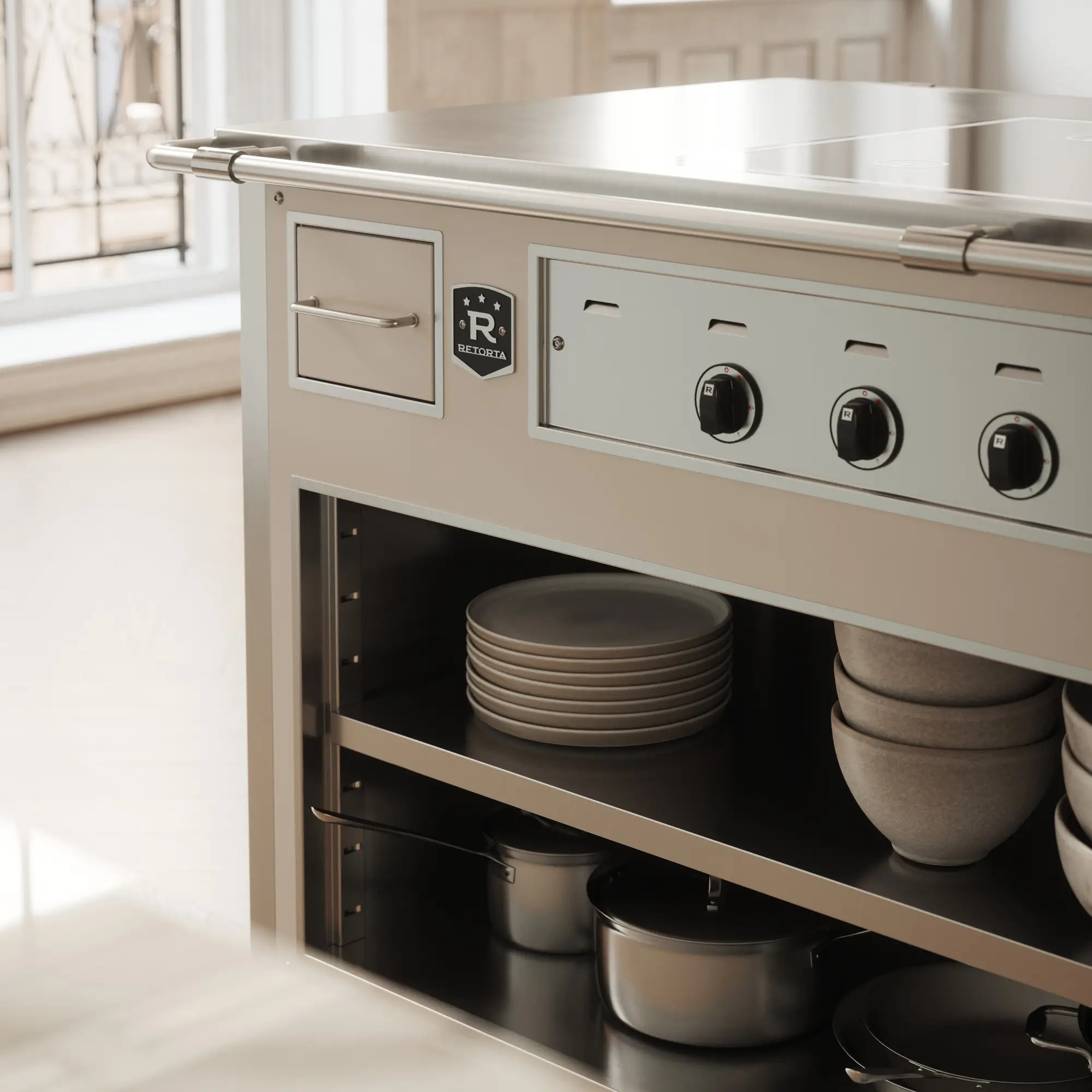 Zbliżenie na detale techniczne wyspy kuchennej w wizualizacji 3D. Wysoka precyzja renderowania tekstur stali i panelu sterowania marki Retorta.