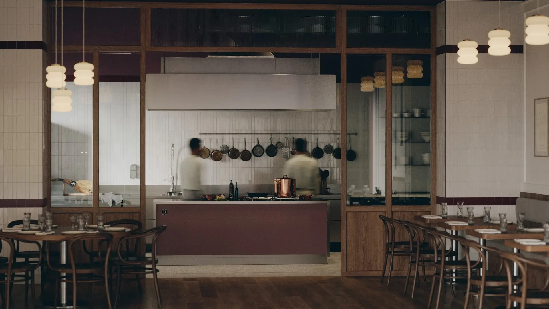 Fotorealistyczna wizualizacja 3D wnętrza restauracji z widokiem na otwartą kuchnię i profesjonalne wyspy grzewcze.