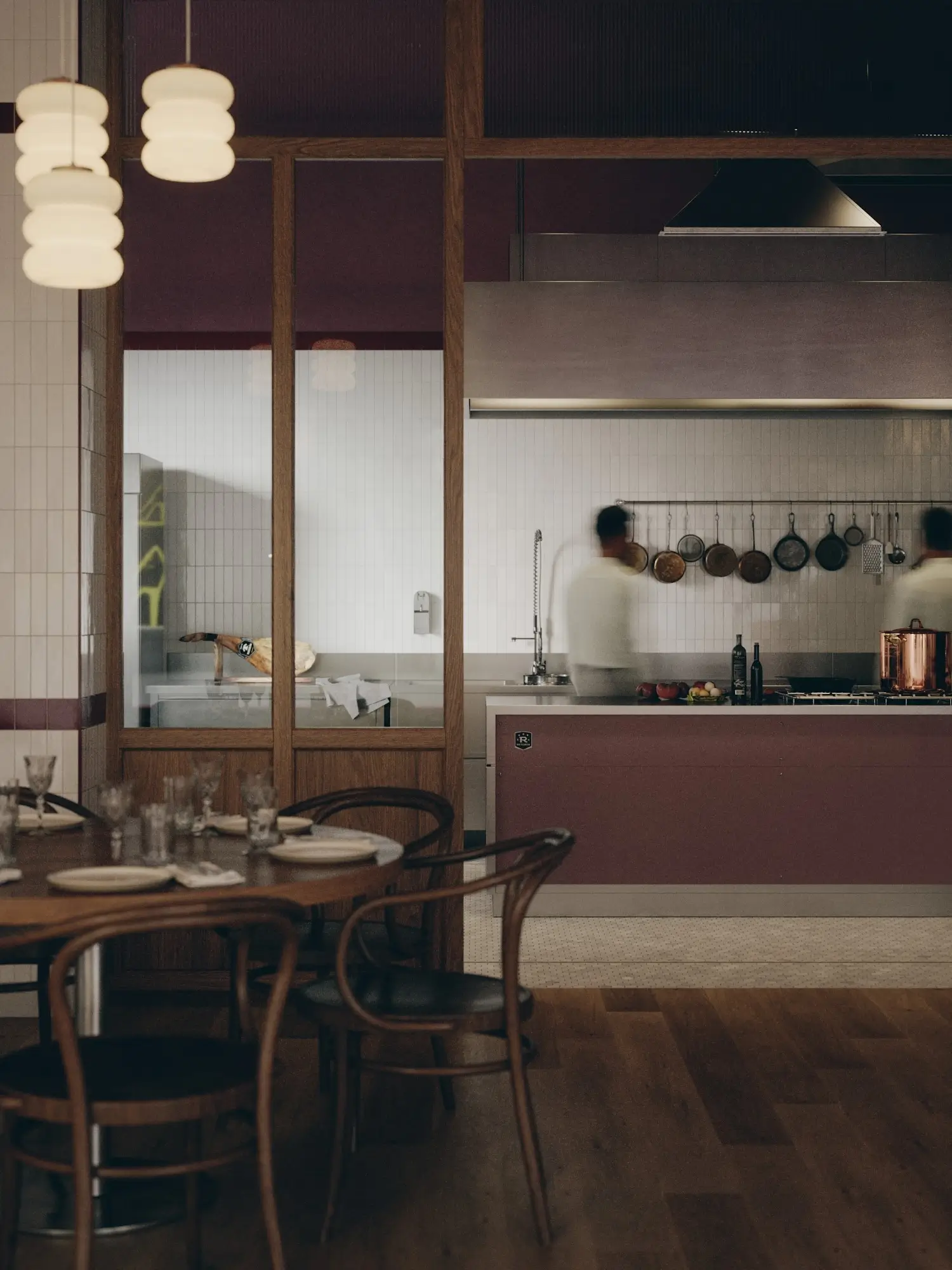 Zbliżenie na detale aranżacji restauracji – rendering 3D wysokiej jakości prezentujący oświetlenie i wyposażenie kuchni.