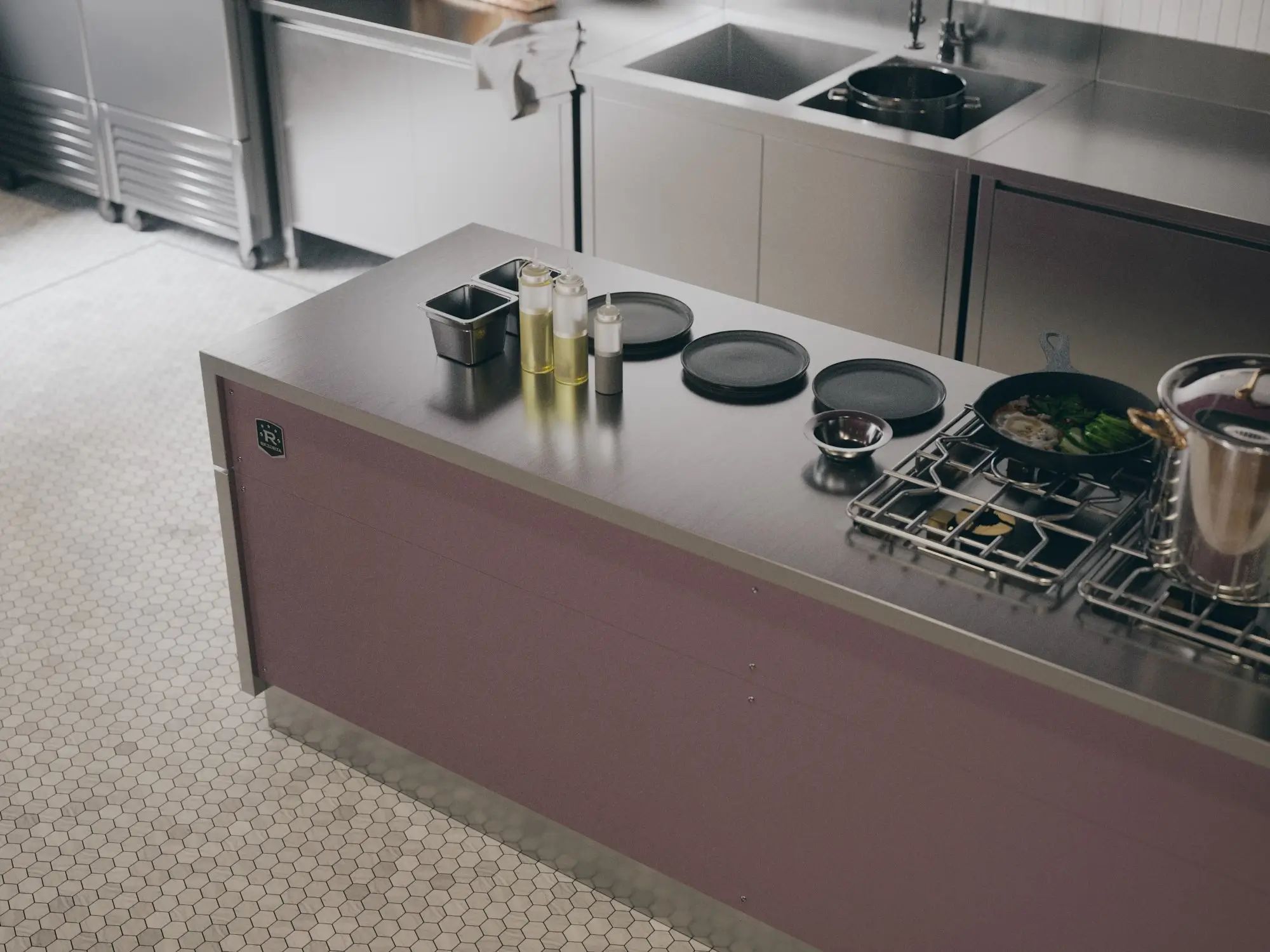 Zbliżenie na tekstury i wykończenie frontów mebli gastronomicznych – precyzyjna wizualizacja 3D materiałów.