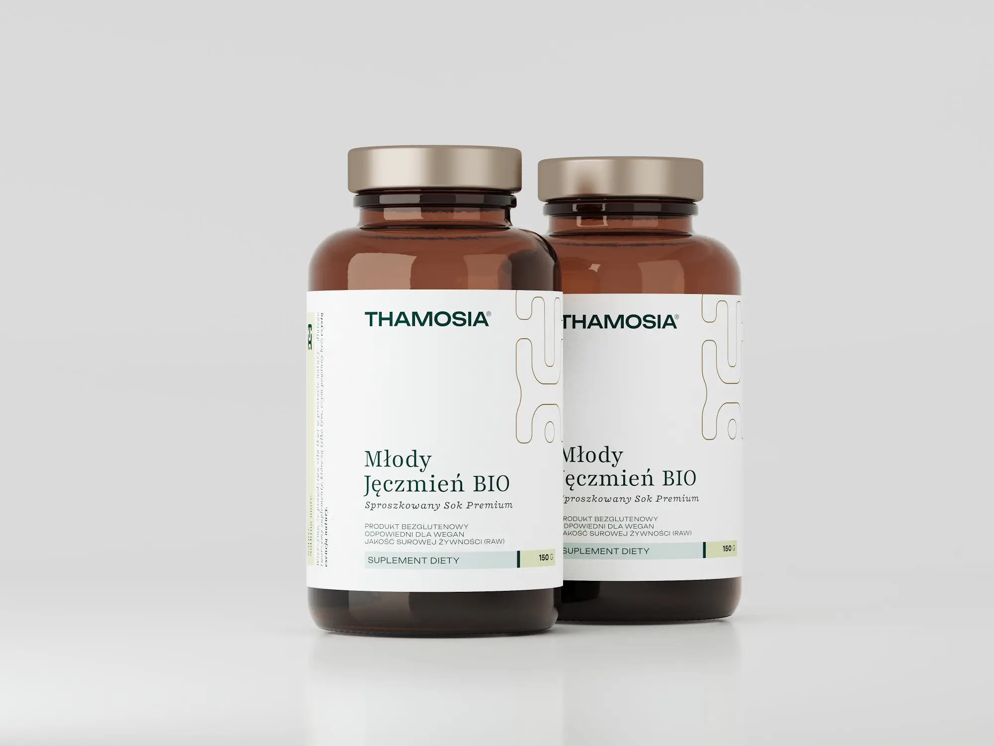 Artystyczny rendering 3D dwóch butelek suplementu diety Thamosia. Przykład wizualizacji produktowej typu beauty shot dla branży farmaceutycznej i wellness.