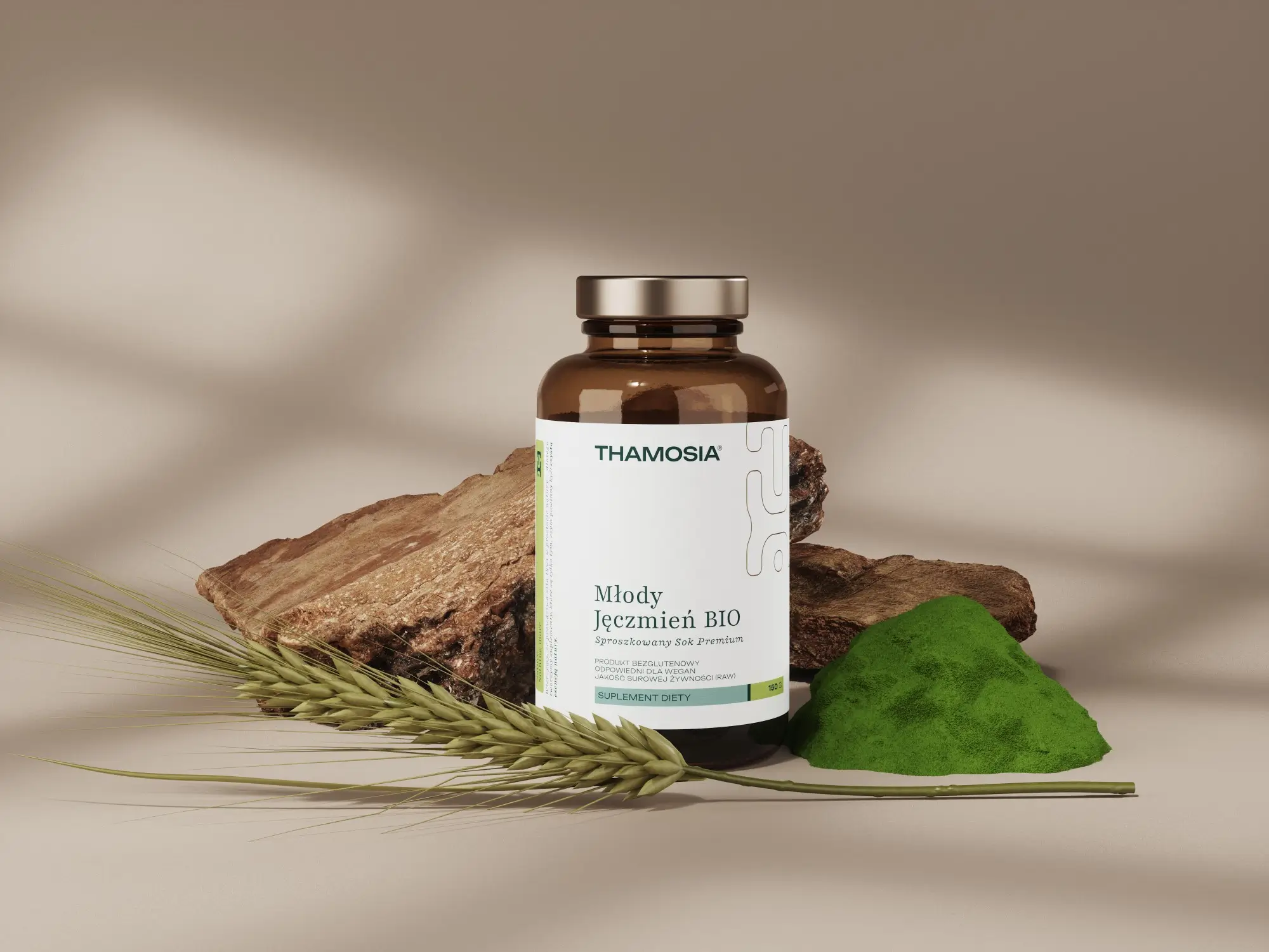 Kompletna wizualizacja 3D: butelka suplementu, surowiec w proszku i naturalne dodatki. Rendering wysokiej jakości do kampanii marketingowych typu "Hero Shot"