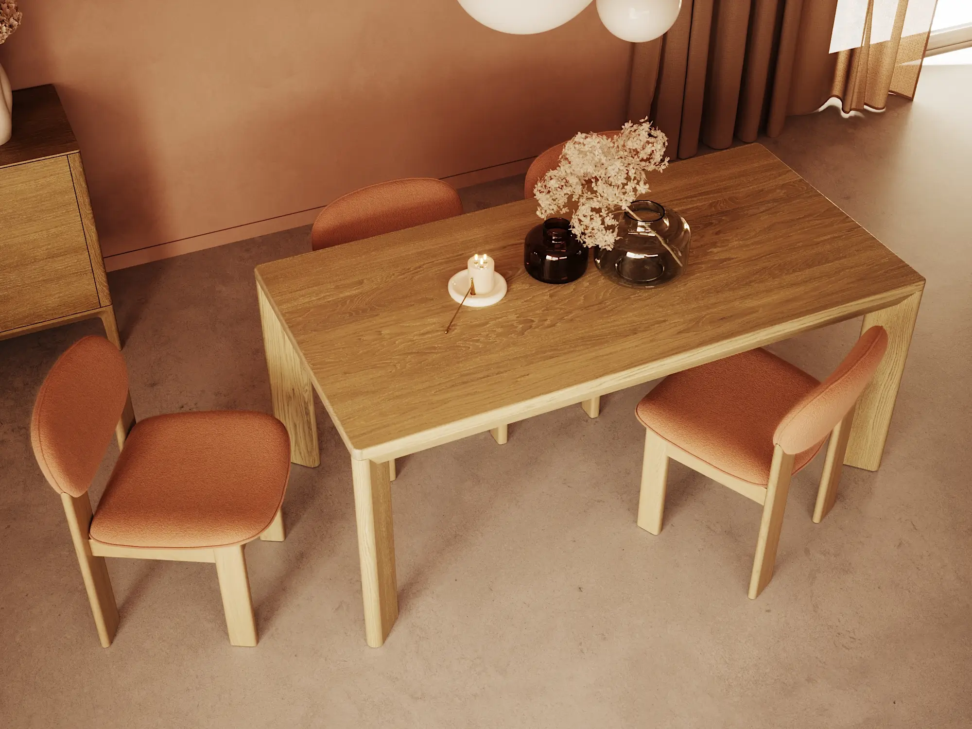 Widok z góry na stół dębowy – rendering 3D wysokiej jakości prezentujący teksturę drewna i detale wykończenia.