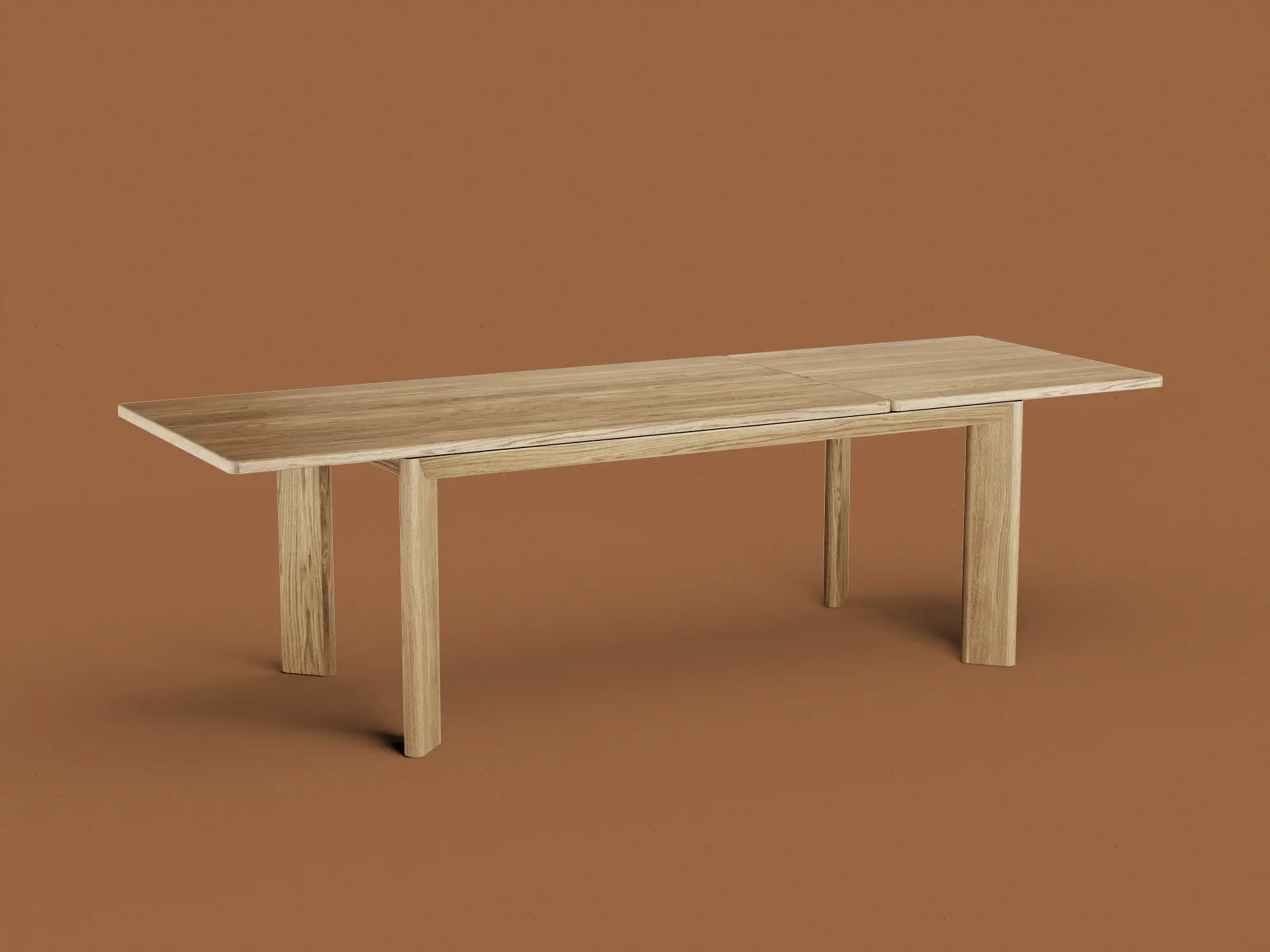 Rendering 3D rozkładanego stołu jadalnianego w pełnej ekspozycji – wizualizacja katalogowa funkcjonalności.