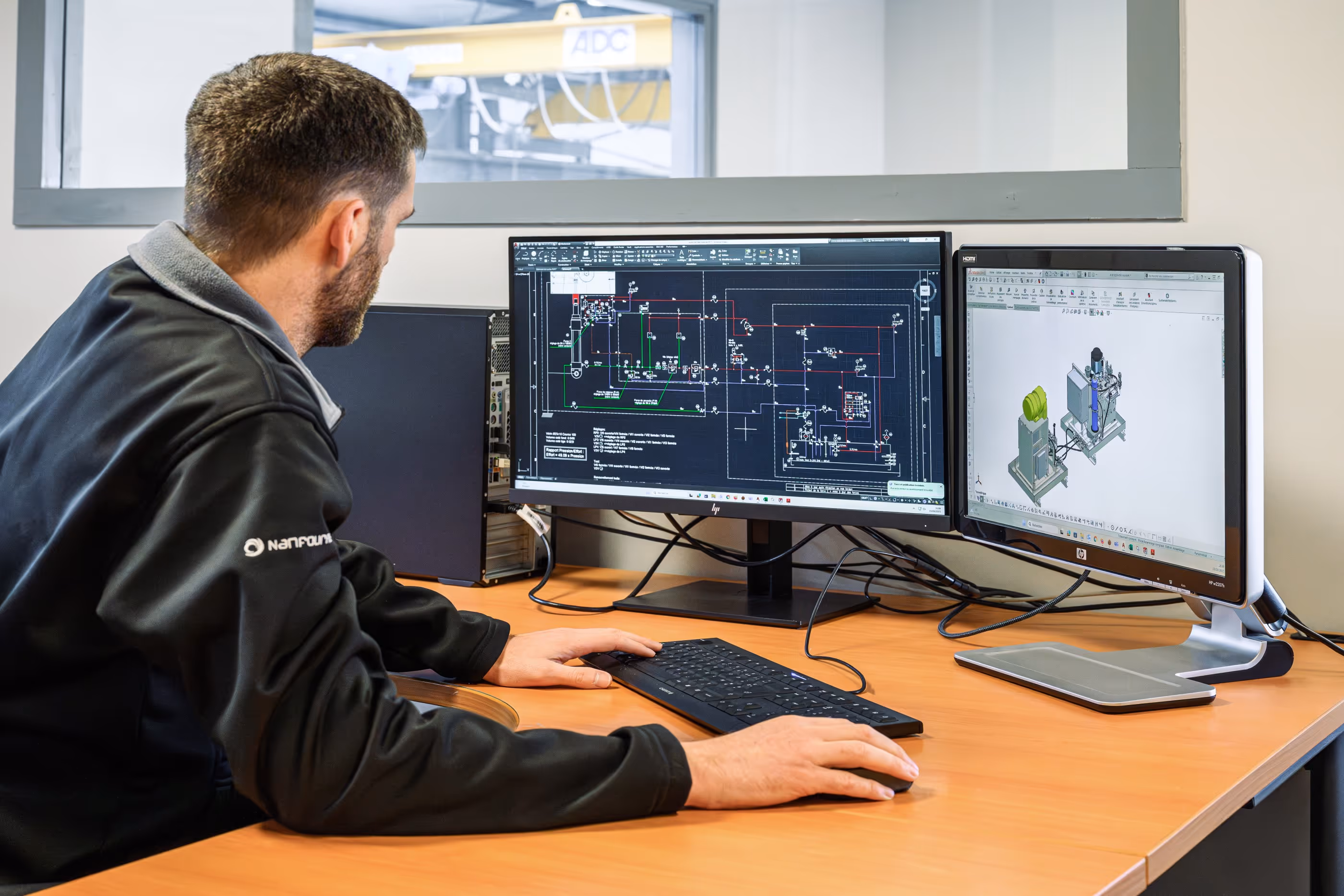 Un homme travaillant sur deux écrans d'ordinateur affichant des plans techniques et une modélisation 3D d'un système industriel.