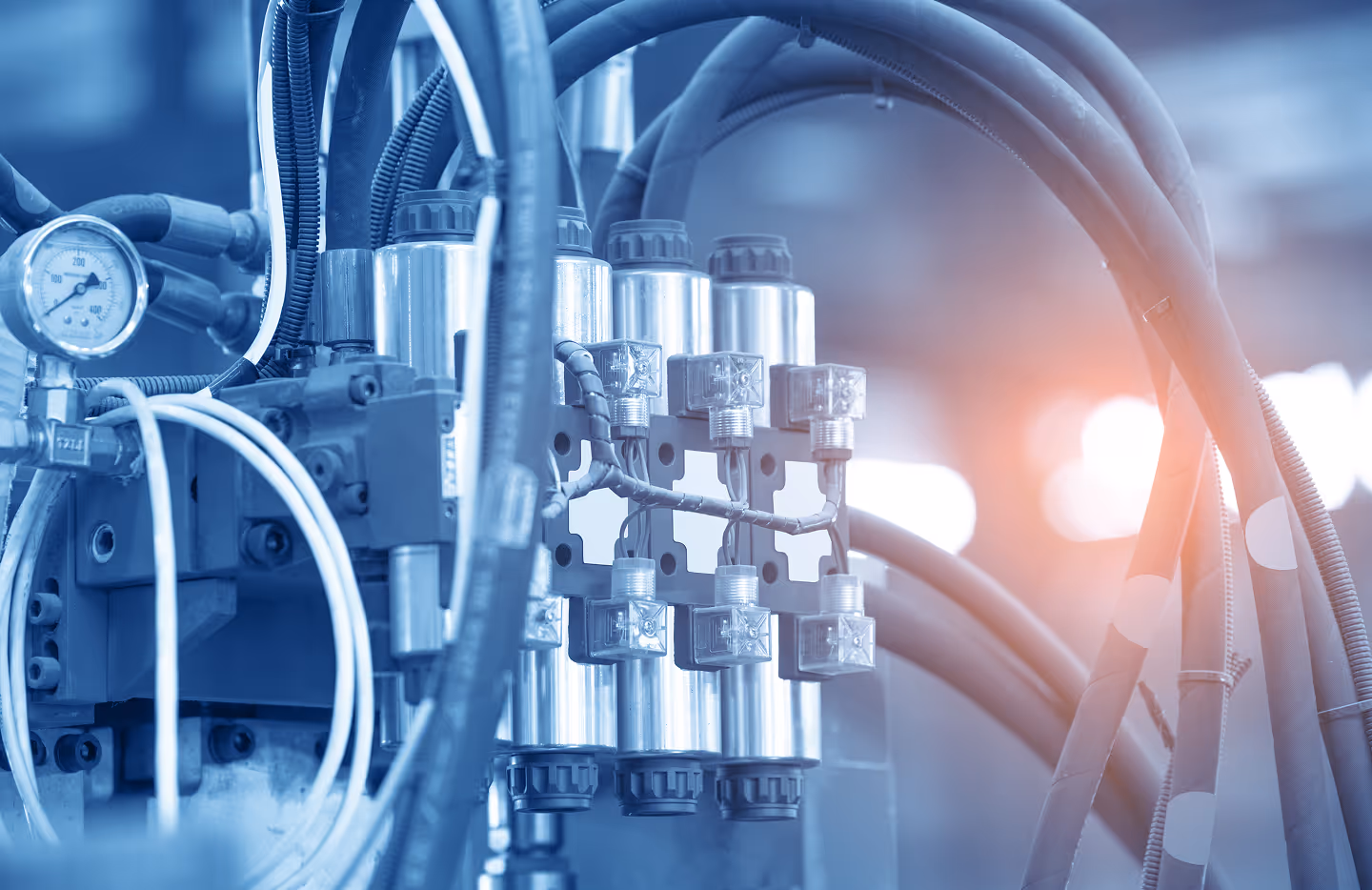 Détail de flexibles et composants hydrauliques illustrant l’expertise Nanfourma