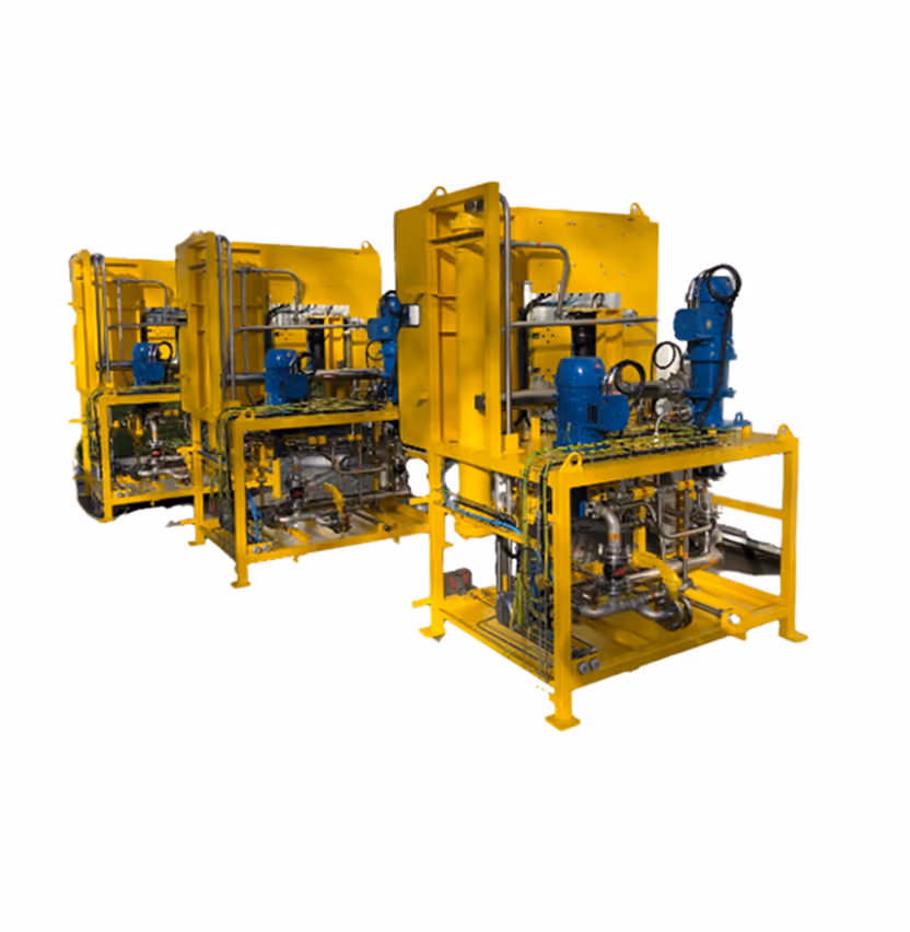 Skid hydraulique modulaire peint en jaune pour usage industriel spécifique