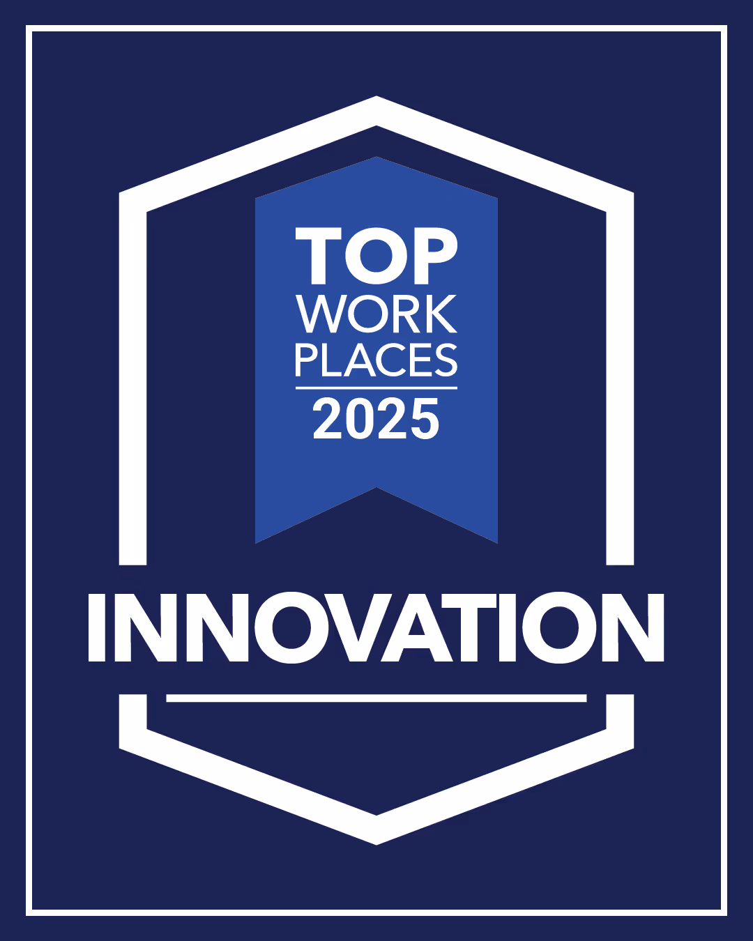 Badge with text 'Top Work Places 2025' above the word 'Innovation' on a dark blue background.