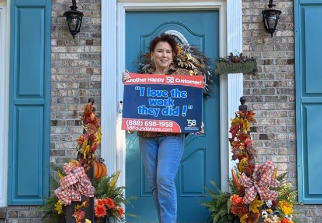 Woman standing on front porch holding a sign reading 'I love the work they did!' with autumn-themed decorations around the door.