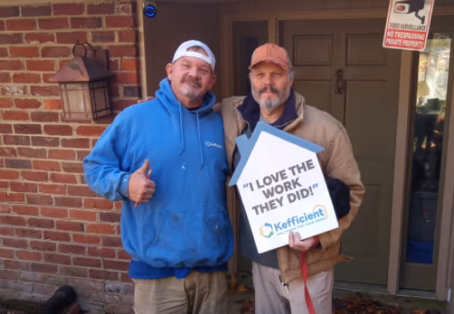 Two men standing outside a house, one wearing a blue hoodie giving a thumbs up, the other holding a house-shaped sign that says 'I LOVE THE WORK THEY DID!' with the Kefficient logo.