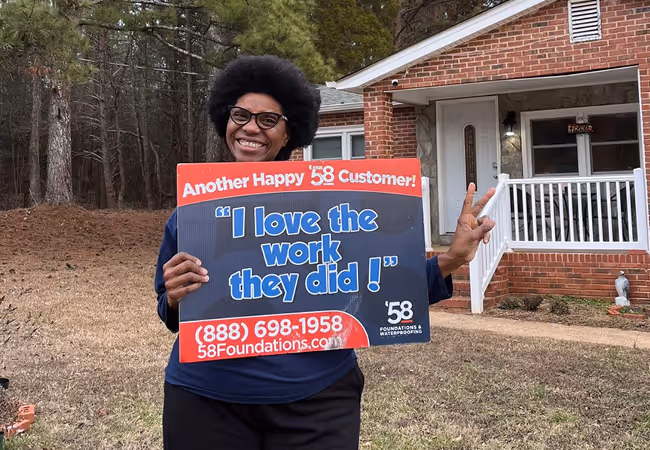 Smiling woman standing outside a brick house holding a sign that reads, 'Another Happy 58 Customer! I love the work they did!'