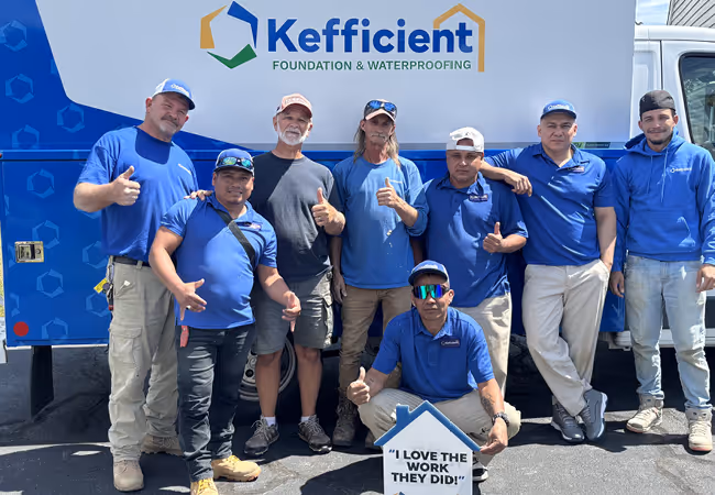 Group of seven workers in blue shirts and caps posing with thumbs up in front of a Kefficient Foundation & Waterproofing truck, one holding a sign reading 'I LOVE THE WORK THEY DID!'