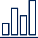 Icon of a navy blue bar chart with four vertical bars of increasing height from left to right.