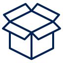 Blue line drawing of an open cardboard box.