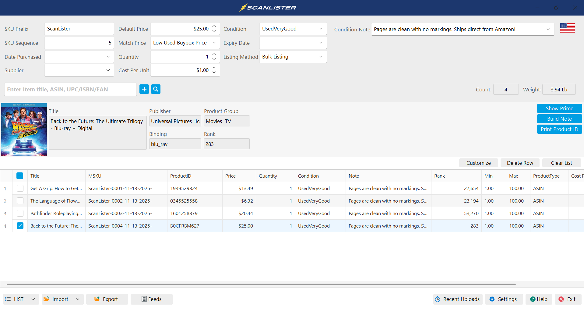 ScanLister app interface showing product listing for Back to the Future: The Ultimate Trilogy with pricing, condition, quantity, and note details.
