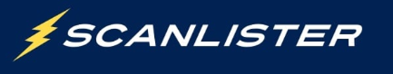 Scanlister brand logo with a yellow lightning bolt on a dark blue background.