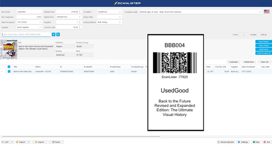 Screenshot of ScanLister software interface showing a book listing for 'Back to the Future Revised and Expanded Edition: The Ultimate Visual History' with product details and a barcode labeled BBB004.